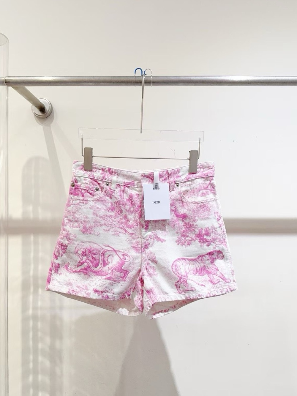 🚩steal Dior Pink and White Toile Denim Shorts